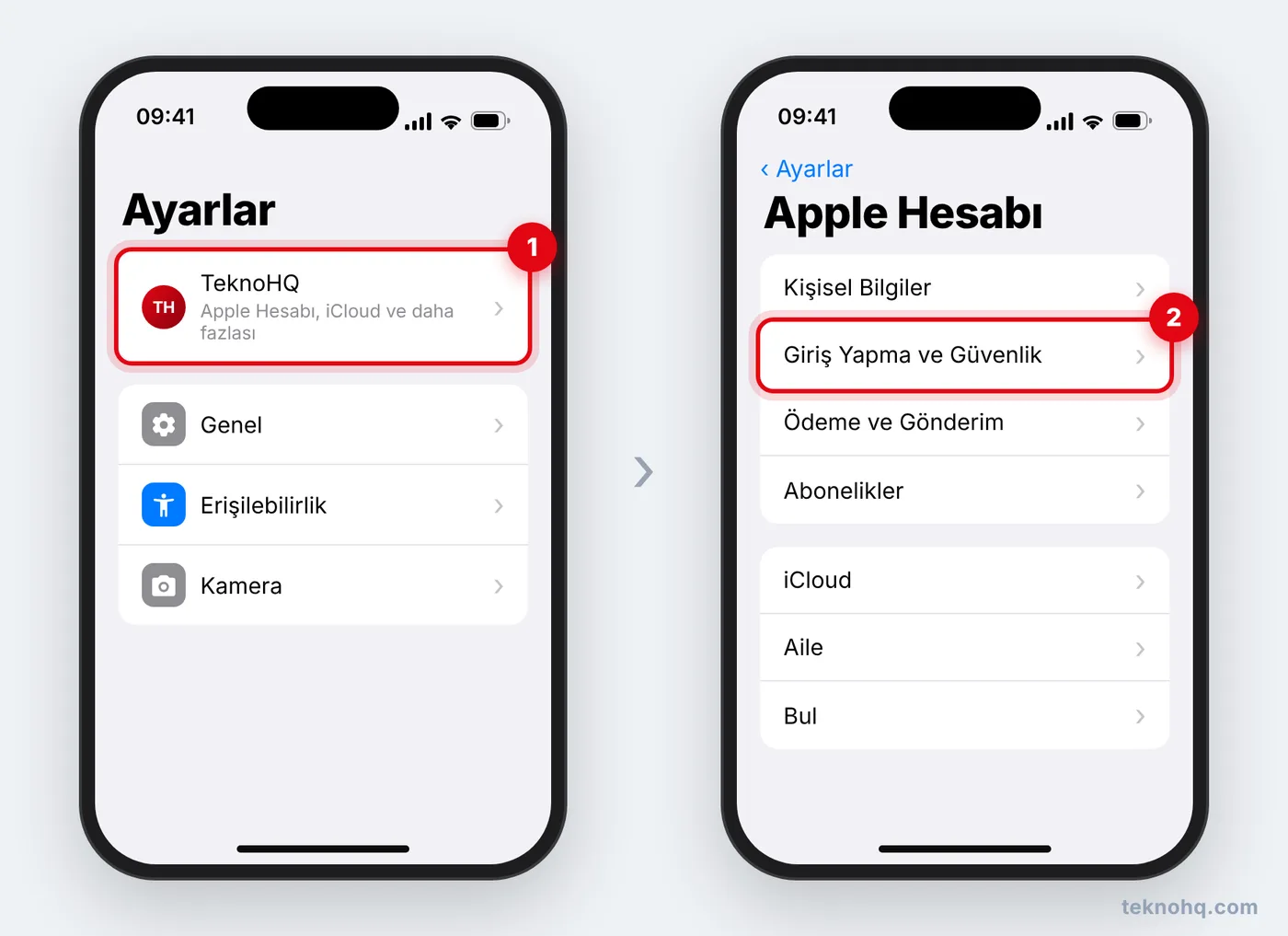 iPhone'da Ayarlar > ad > Giriş Yapma ve Güvenlik