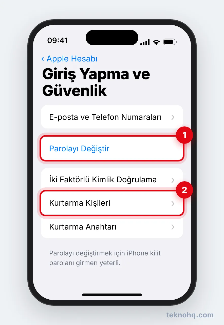 Giriş Yapma ve Güvenlik ekranında Parolayı Değiştir