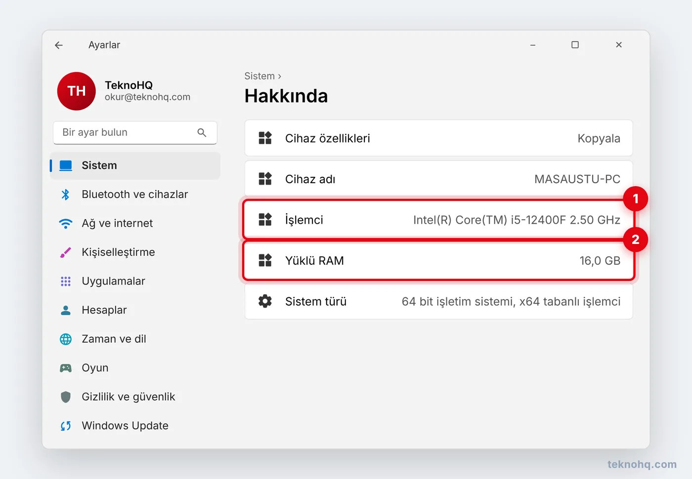Windows 11'de Ayarlar > Sistem > Hakkında: İşlemci ve Yüklü RAM satırları