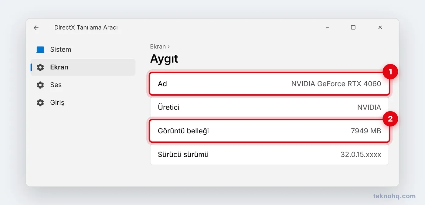DirectX Tanılama Aracı'nda Ekran sekmesi