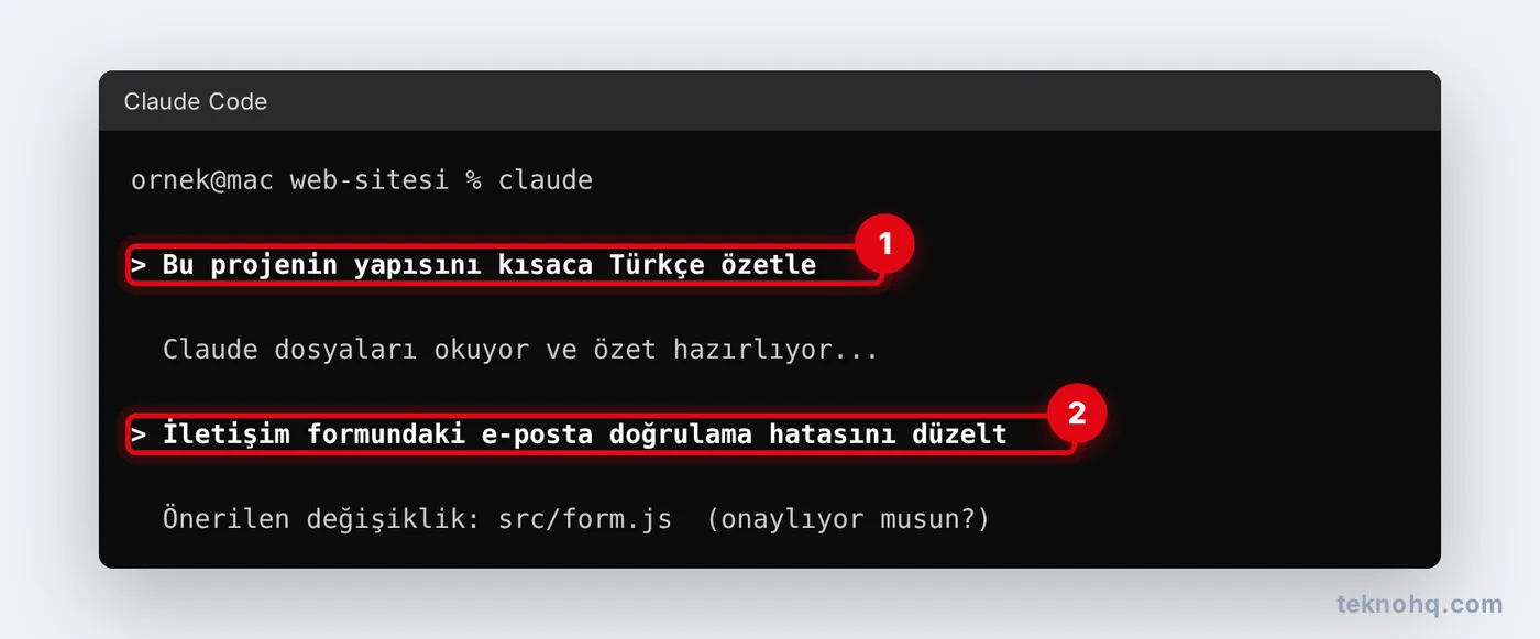 Claude Code terminal oturumunda Türkçe komut örnekleri