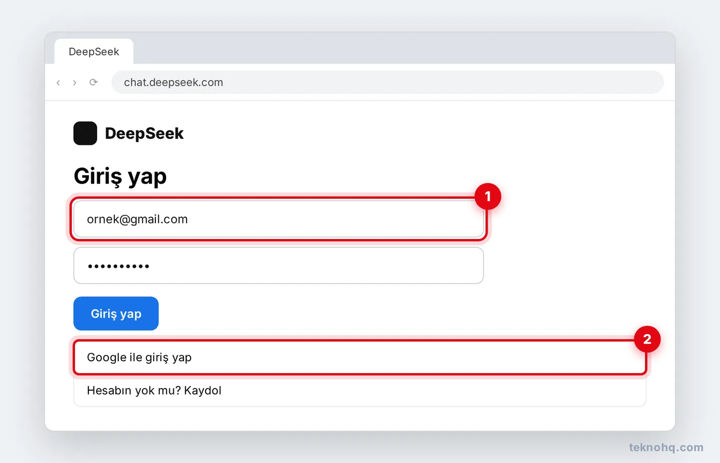 DeepSeek giriş ekranında e-posta ve Google ile giriş seçenekleri