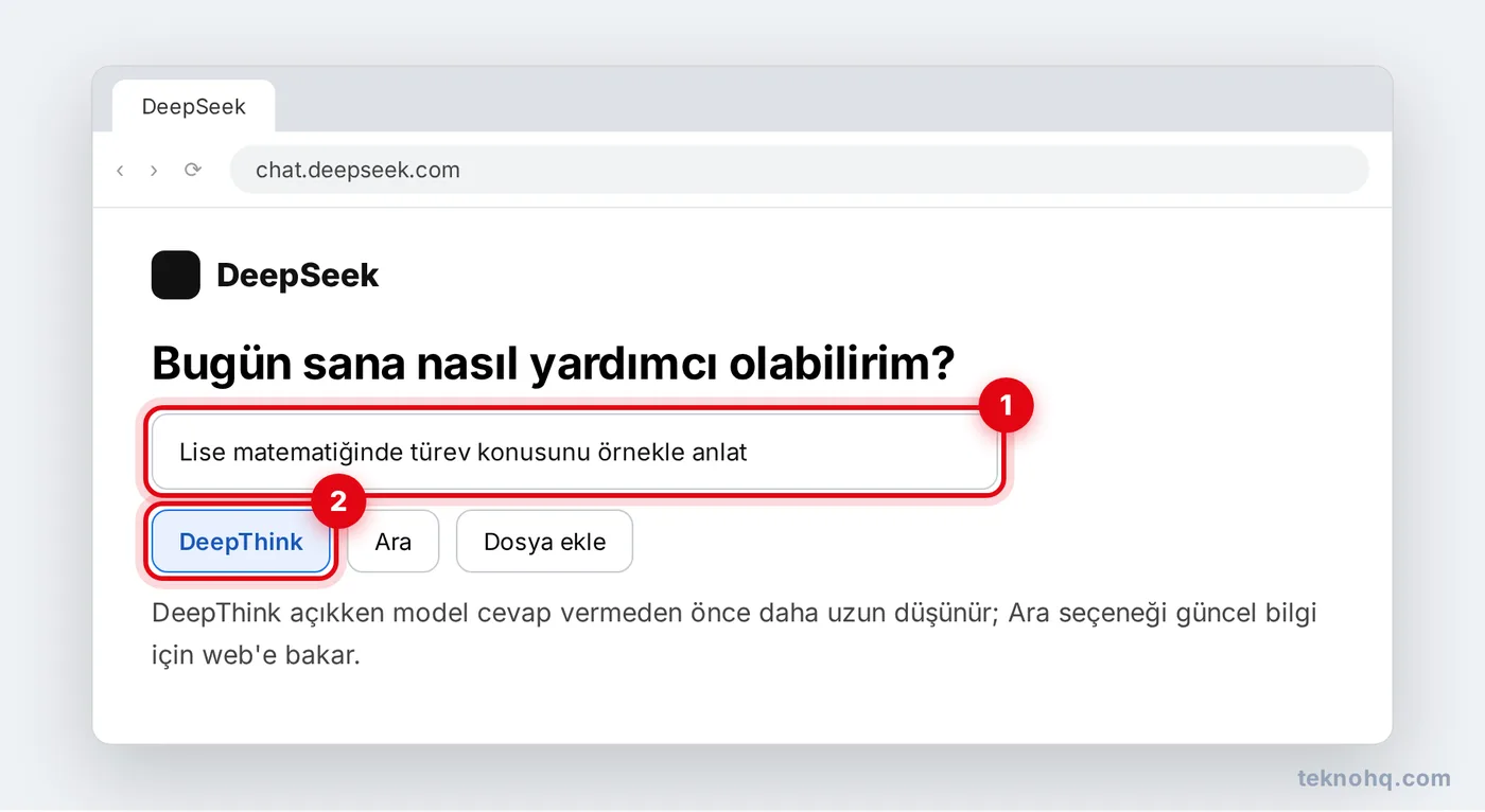 DeepSeek sohbet ekranında DeepThink ve Ara seçenekleri