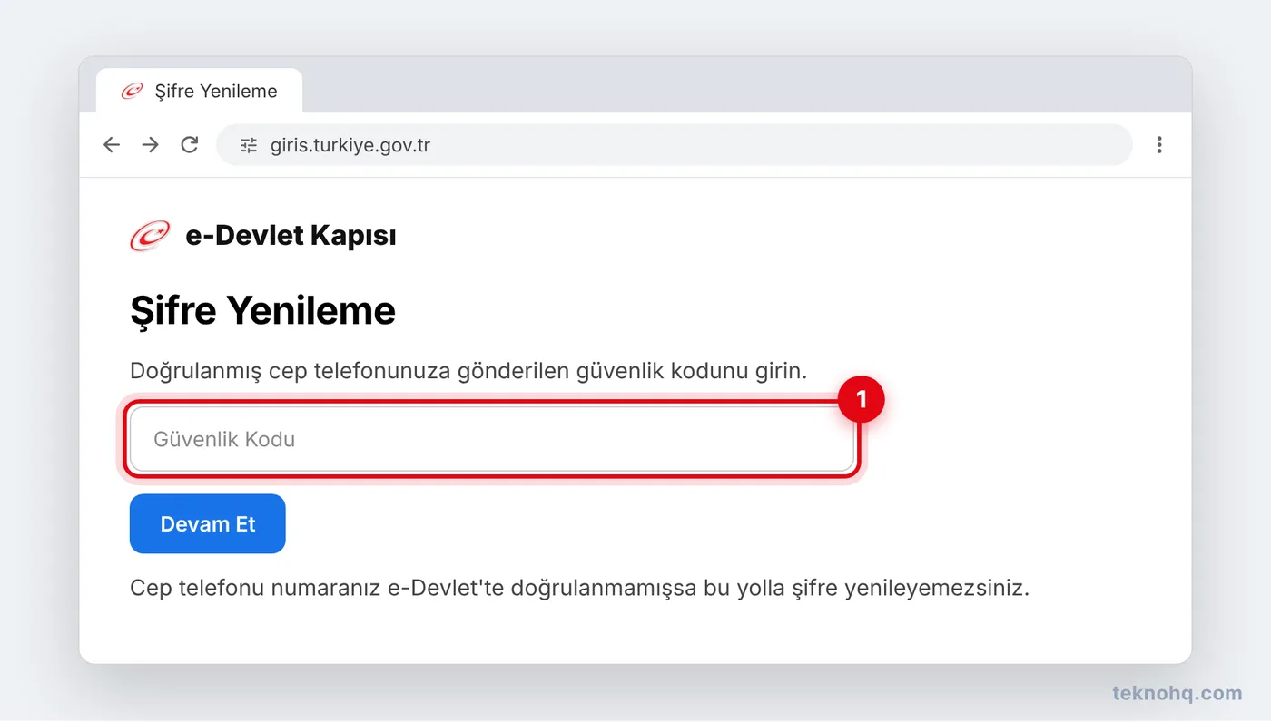 Şifremi Unuttum adımında güvenlik kodu ekranı