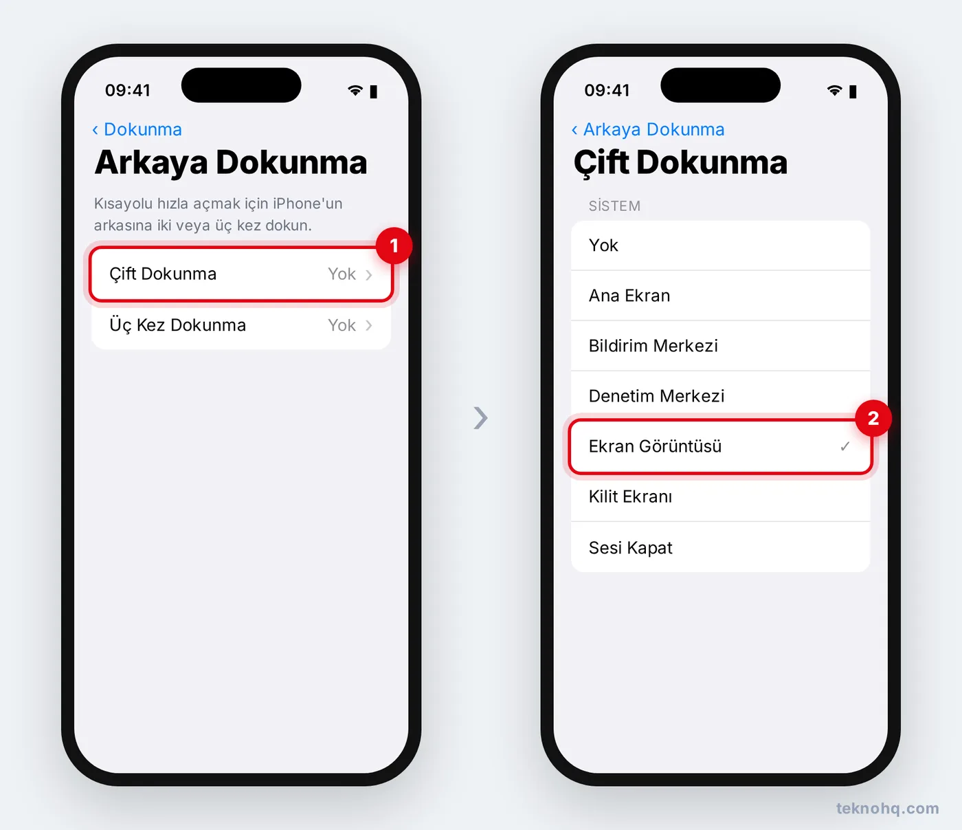 iPhone Arkaya Dokunma ayarında Çift Dokunma için Ekran Görüntüsü seçimi