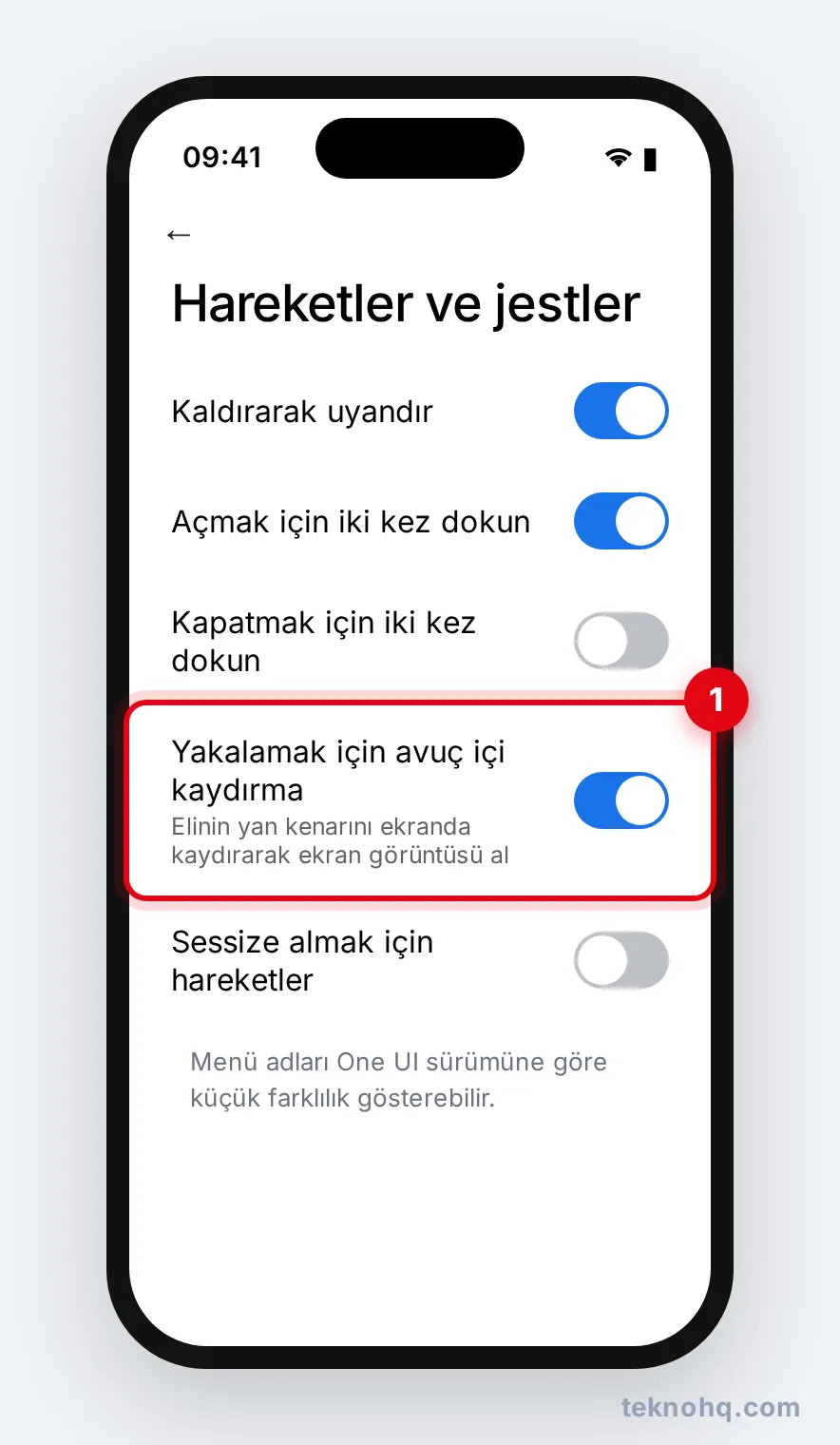Samsung'da Hareketler ve jestler menüsündeki Yakalamak için avuç içi kaydırma ayarı