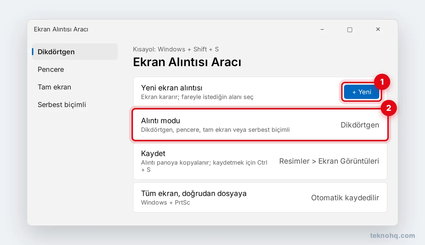 Windows Ekran Alıntısı Aracı'nda Yeni düğmesi ve alıntı modu
