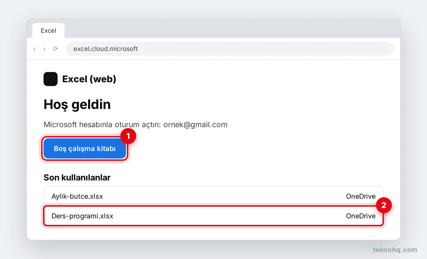 Excel web'de Boş çalışma kitabı ve son kullanılan dosyalar