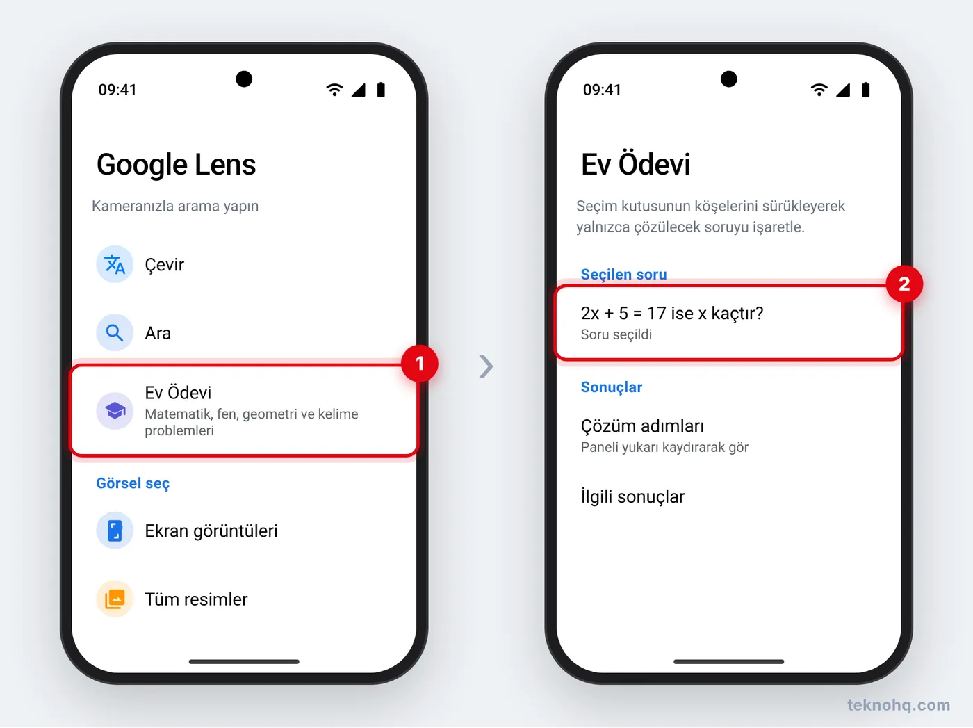 Google Lens'te Ev Ödevi modu ve soru seçimi