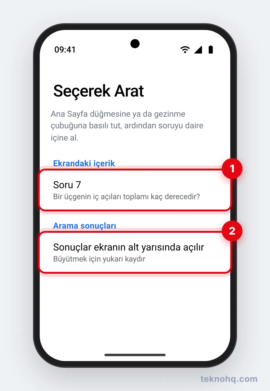 Android'de soruyu daire içine alıp Seçerek Arat sonuçları