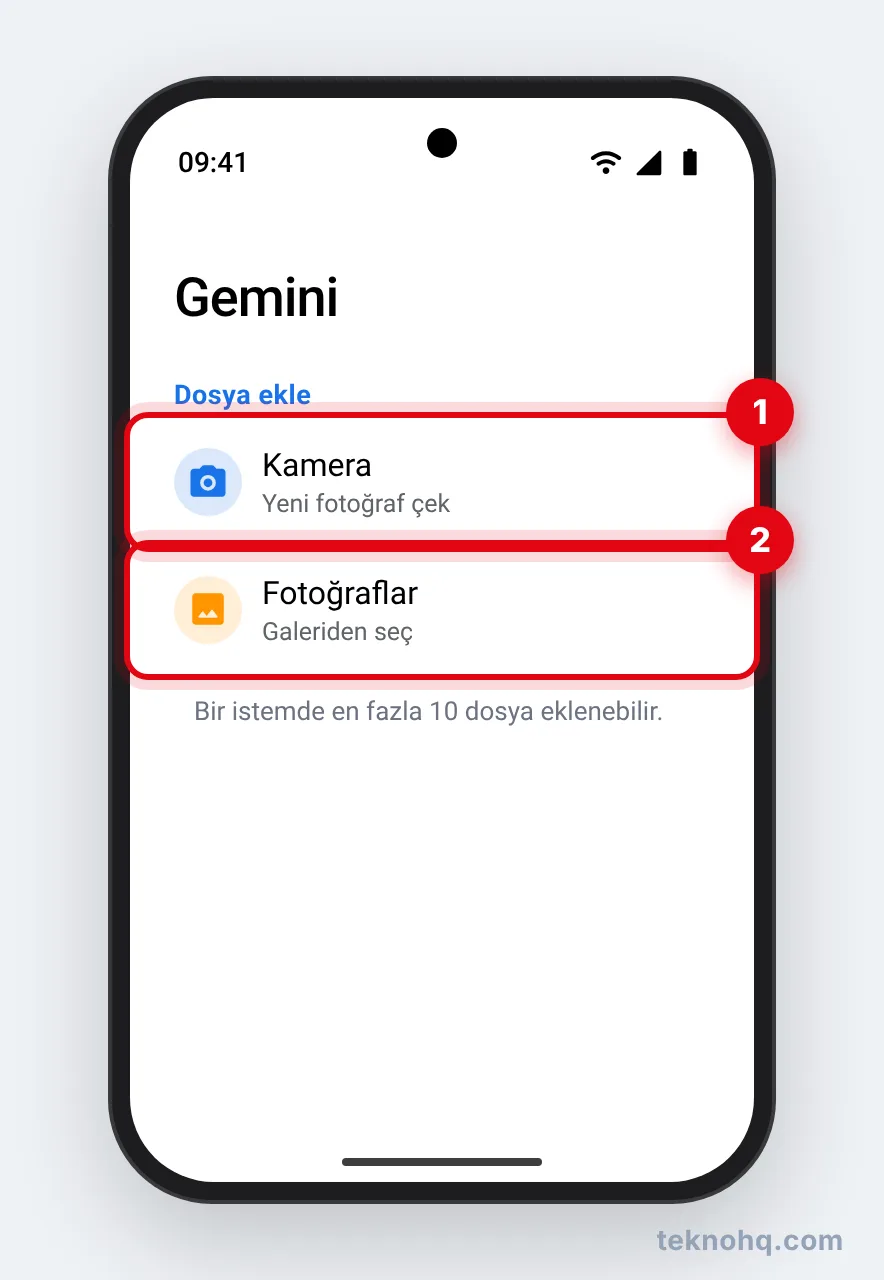 Gemini'de Dosya ekle menüsü: Fotoğraflar ve Kamera