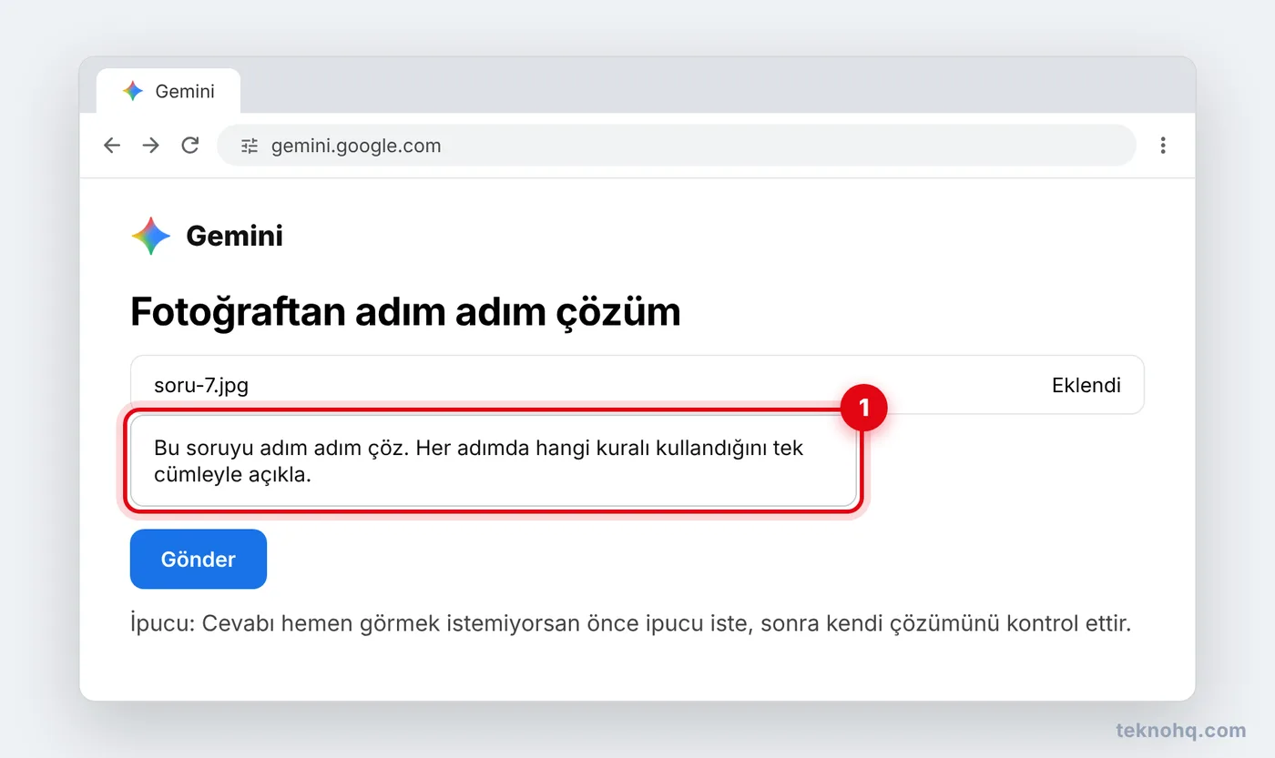 Gemini'de soru fotoğrafı ve adım adım çözüm istemi