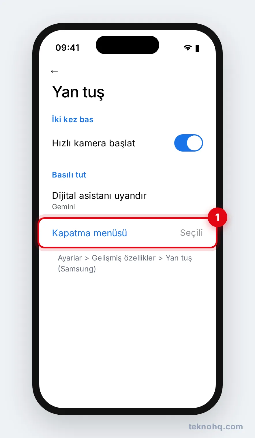 Samsung Ayarlar > Gelişmiş özellikler > Yan tuş > Kapatma menüsü