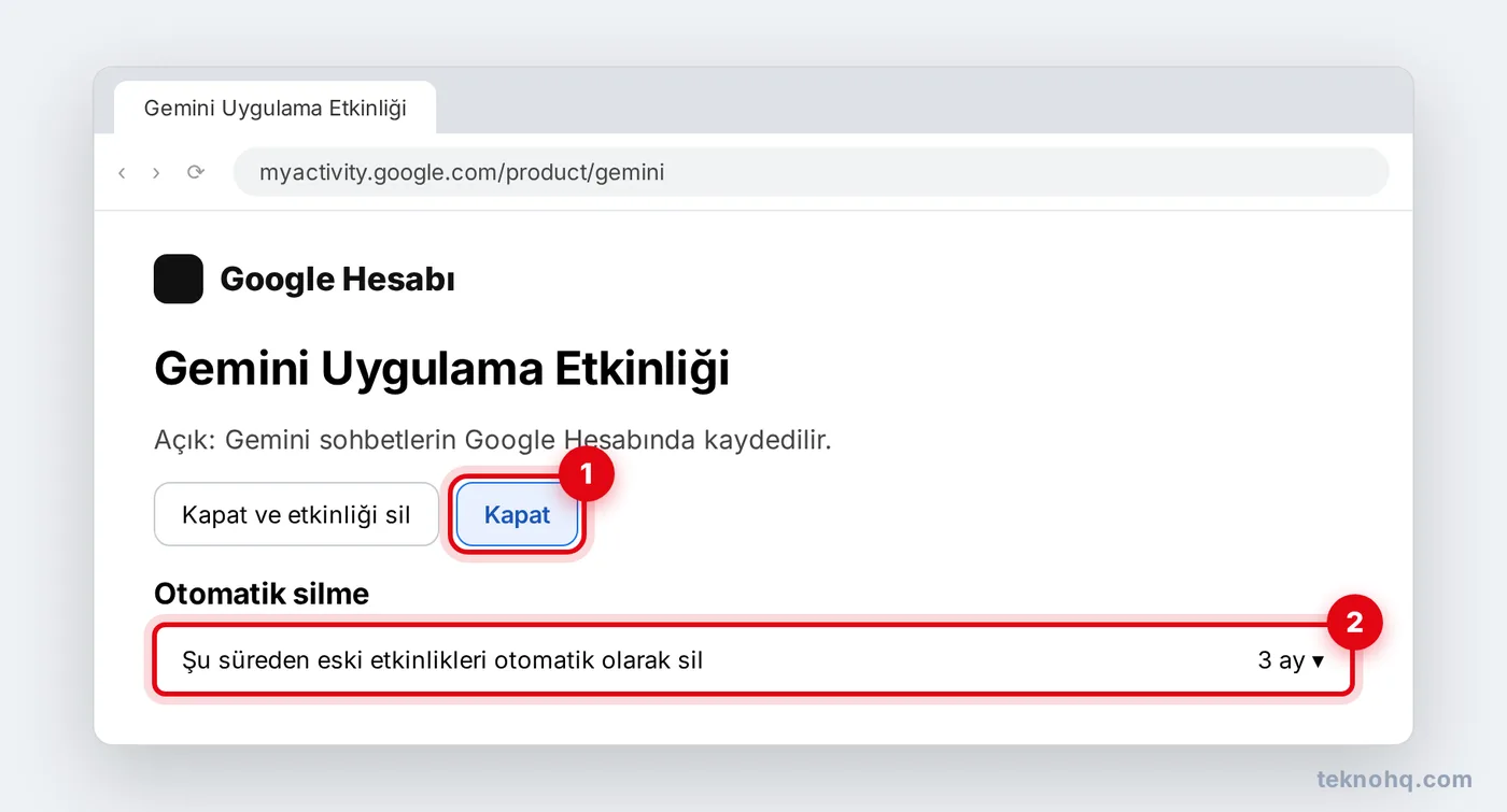 Gemini Uygulama Etkinliği ekranında Kapat seçenekleri