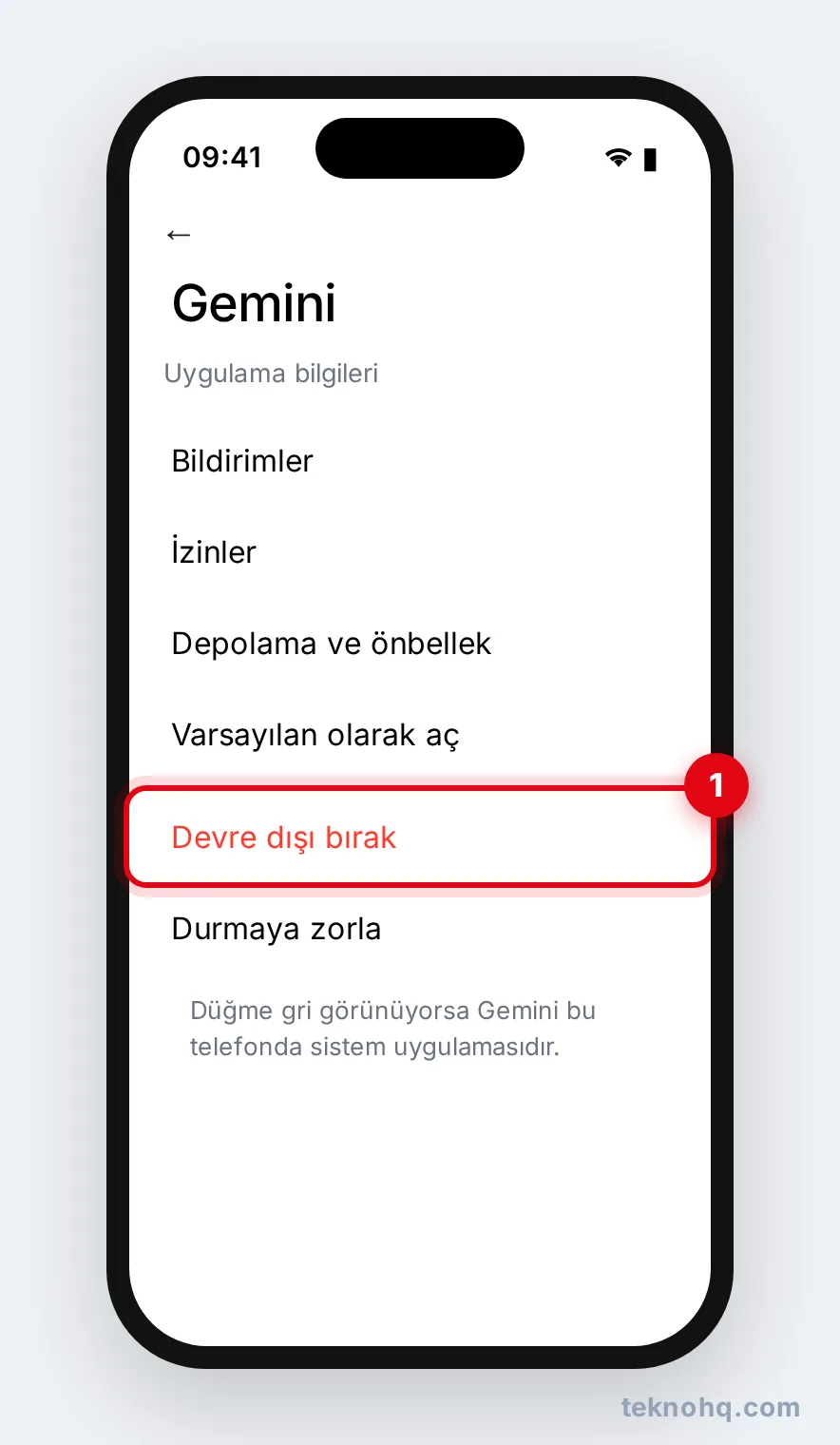 Android Uygulama bilgileri ekranında Gemini için Devre dışı bırak