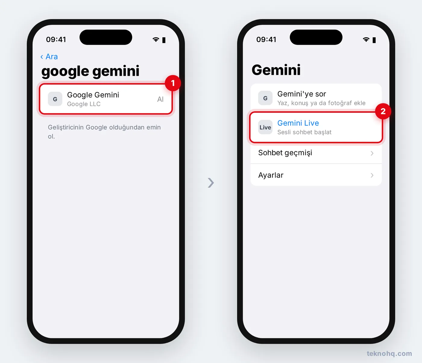 iPhone'da Google Gemini uygulaması ve Gemini Live düğmesi