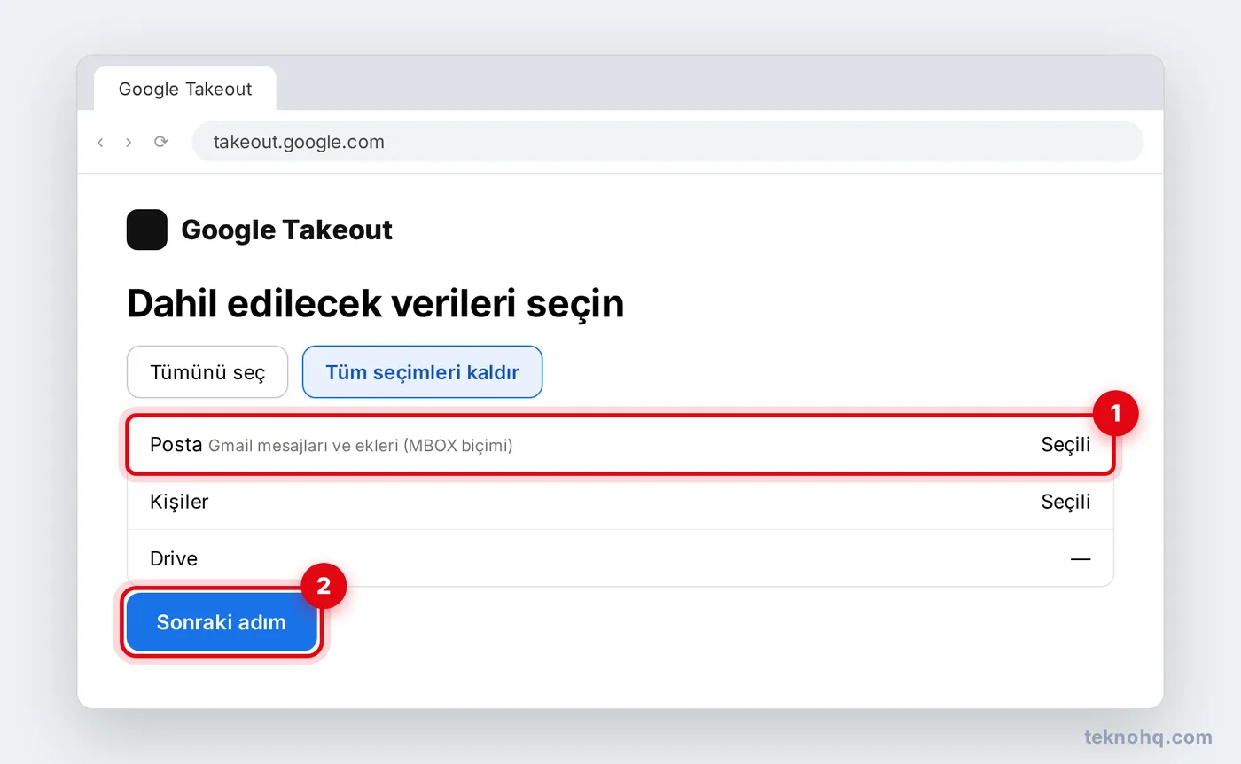 Google Takeout'ta Posta verisini seçme