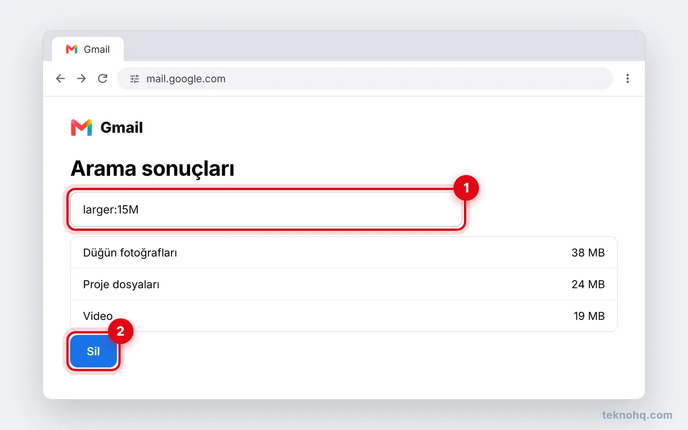 Gmail arama kutusunda larger:15M araması