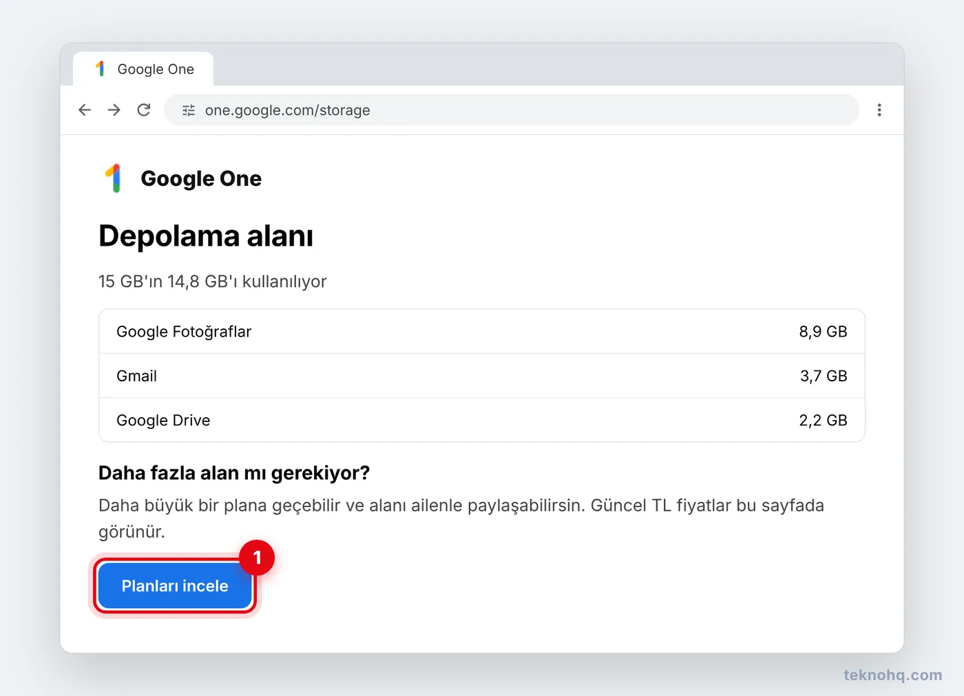 Google One depolama planı seçimi