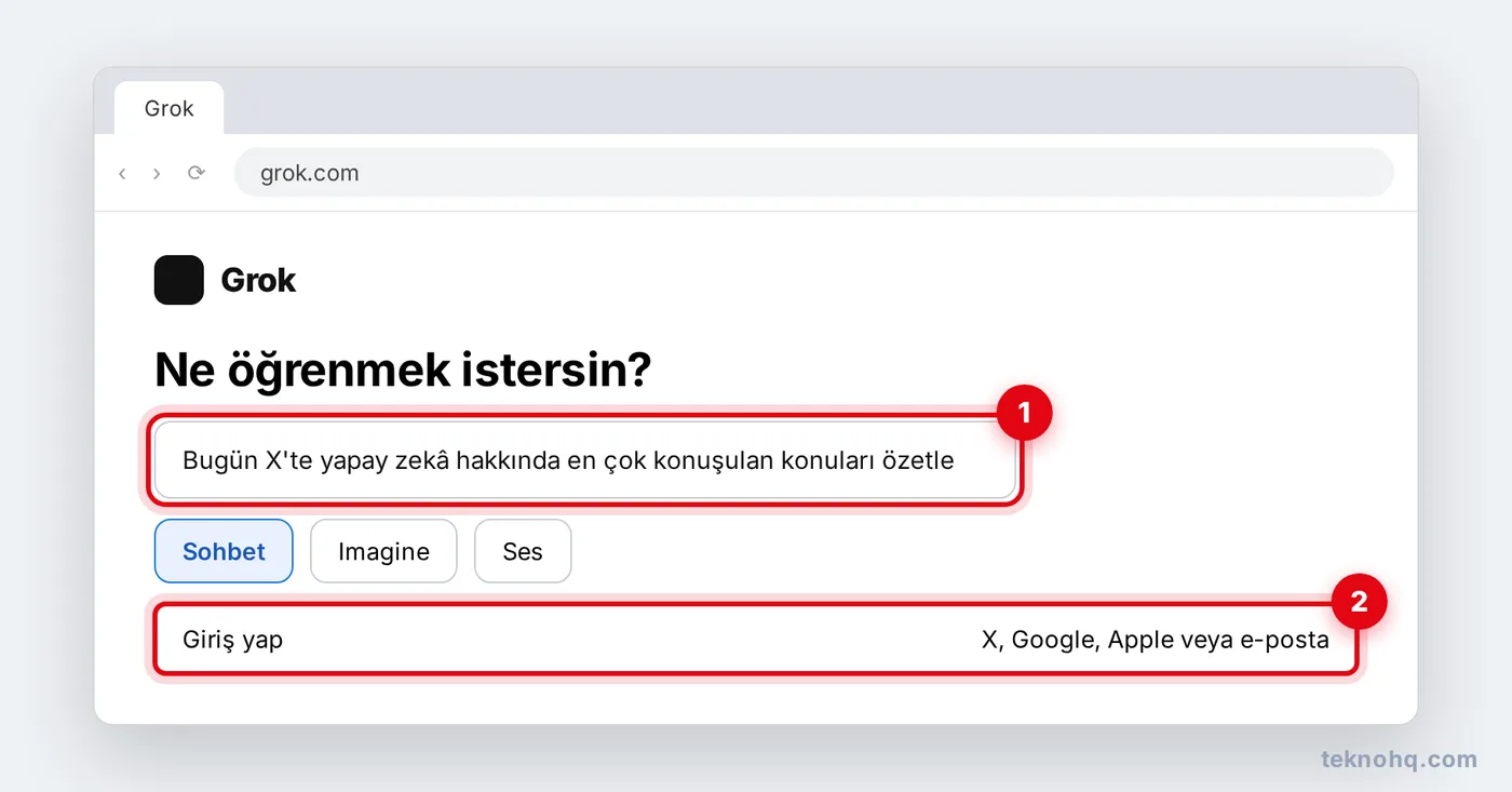 grok.com'da soru yazma ve giriş seçenekleri