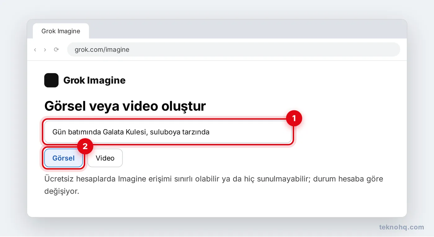 Grok Imagine'de görsel tarifi yazma ve görsel/video seçimi