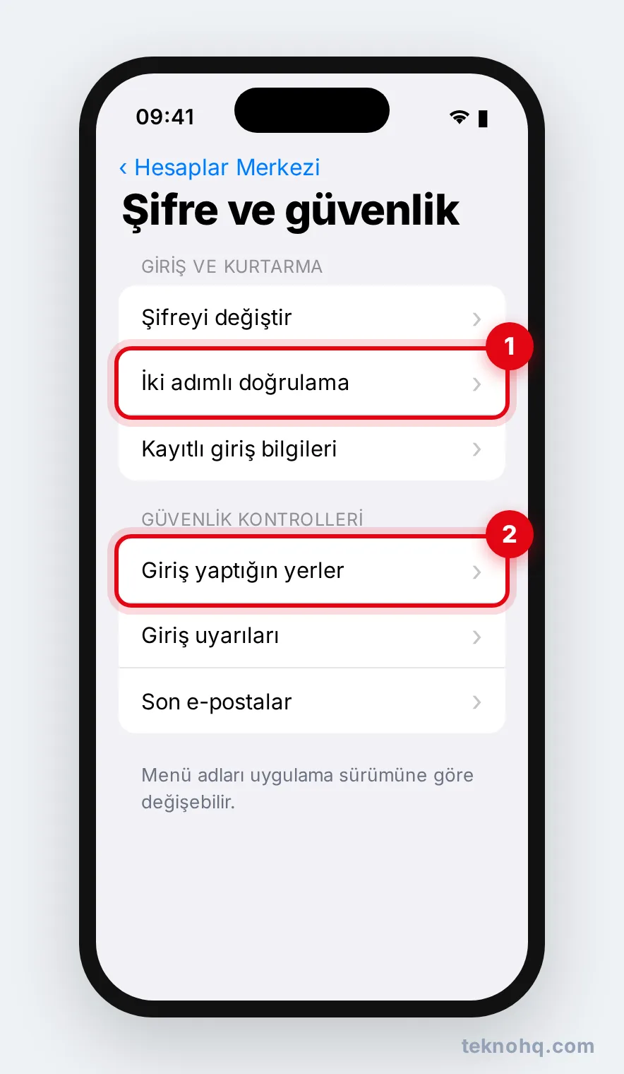 Hesaplar Merkezi > Şifre ve güvenlik ekranında İki adımlı doğrulama ve Giriş yaptığın yerler