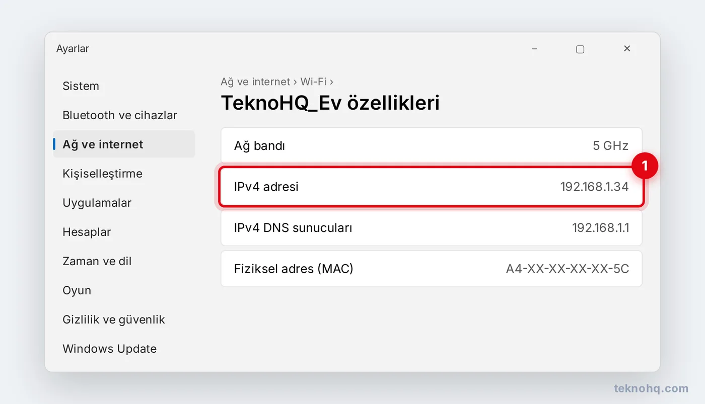 Windows 11'de Wi-Fi ağ özelliklerinde IPv4 adresi