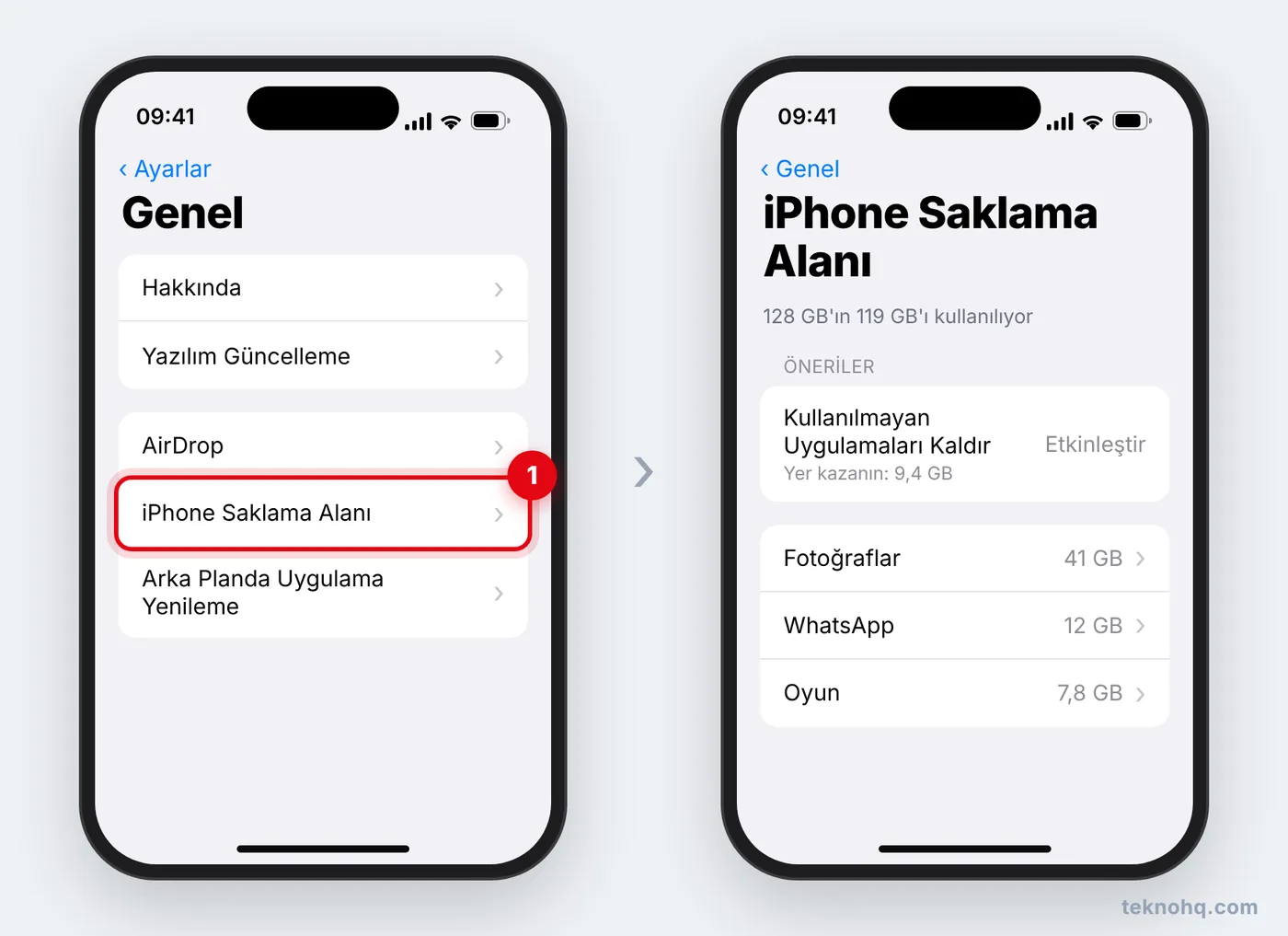 iPhone'da Ayarlar > Genel > iPhone Saklama Alanı