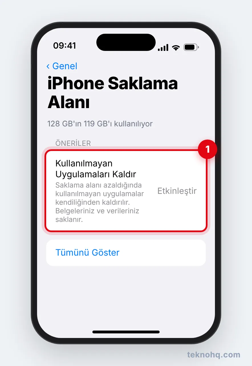 iPhone Saklama Alanı'nda Kullanılmayan Uygulamaları Kaldır önerisi