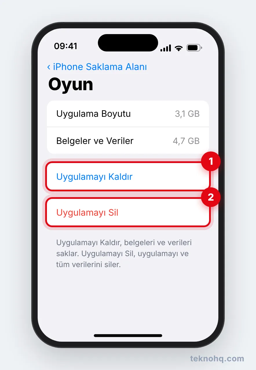 Uygulama ayrıntısında Uygulamayı Kaldır ve Uygulamayı Sil seçenekleri
