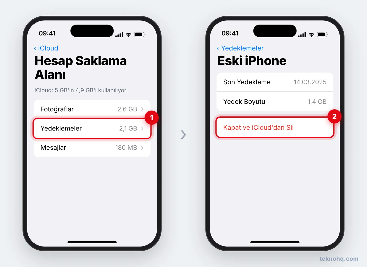 iCloud Saklama Alanı > Yedeklemeler ekranı