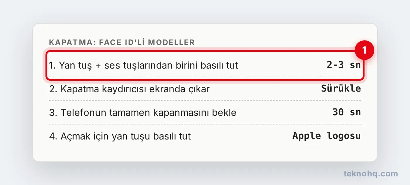 Face ID'li iPhone'u kapatma ve açma adımları