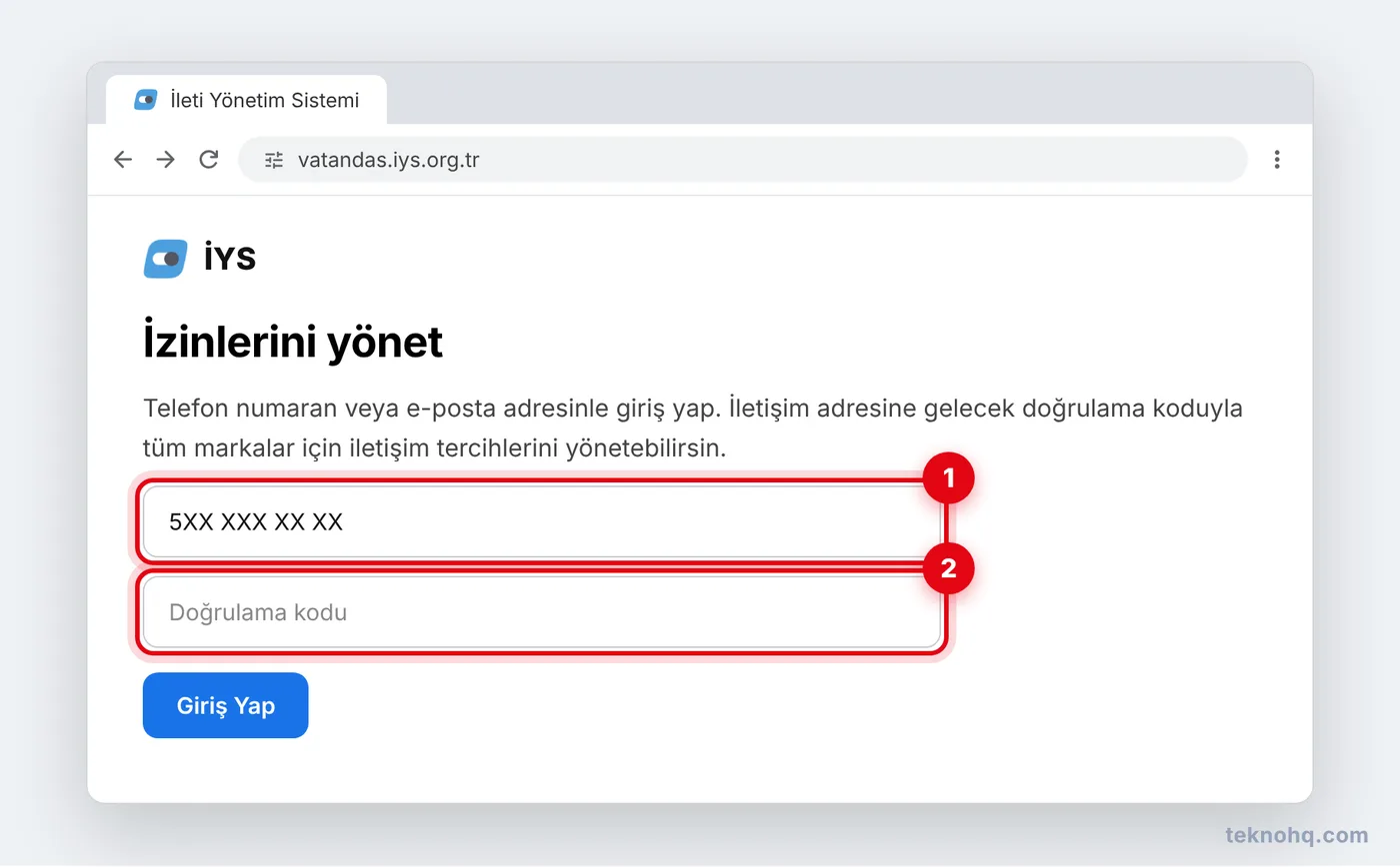 İYS vatandaş web uygulamasına telefon numarası ve doğrulama koduyla giriş