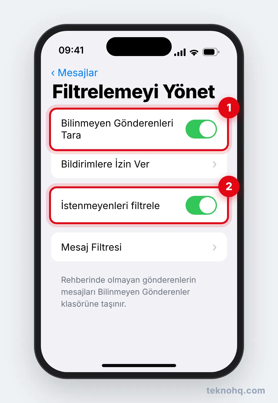 iPhone Mesajlar'da Filtrelemeyi Yönet ekranı