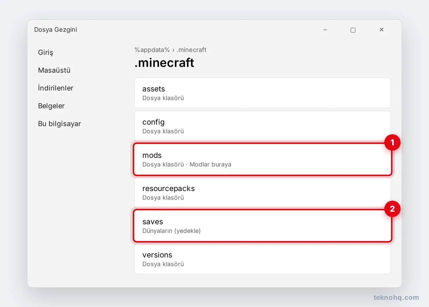 Dosya Gezgini'nde .minecraft klasörü, mods ve saves klasörleri