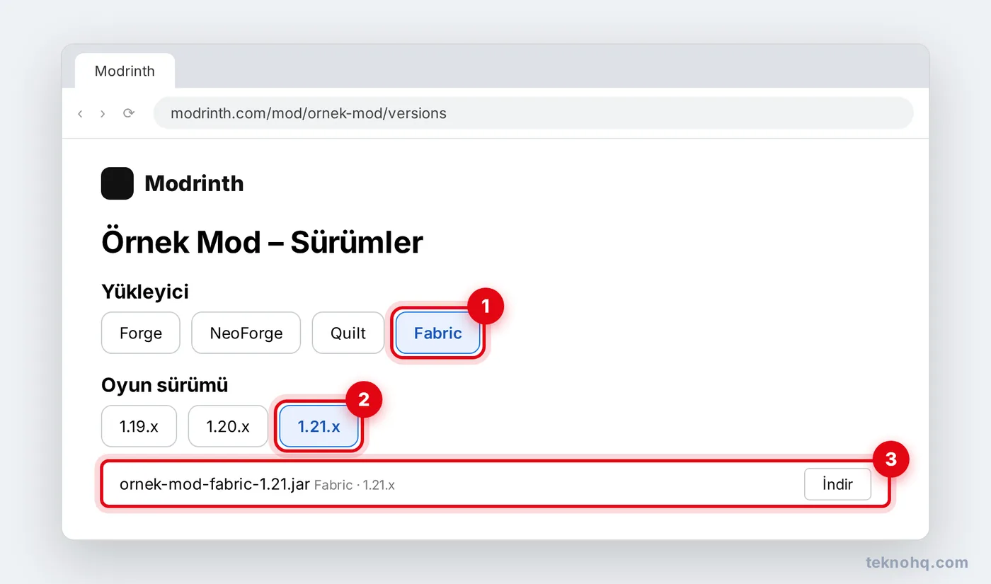 Modrinth'te mod dosyası seçerken sürüm ve yükleyici filtresi