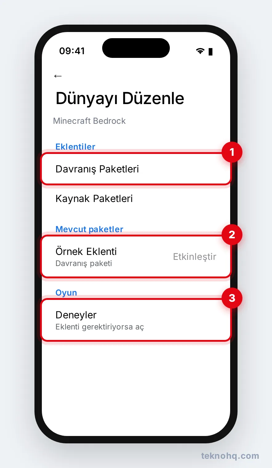 Bedrock dünya ayarlarında Davranış Paketleri ve Etkinleştir