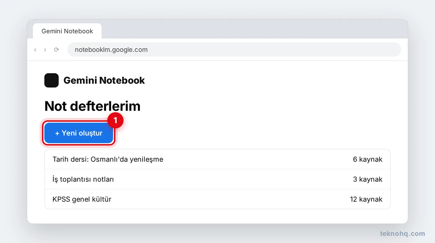 NotebookLM ana ekranında Yeni oluştur düğmesi ve not defterleri listesi