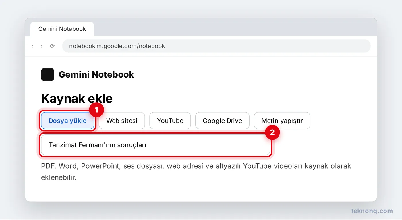 NotebookLM'de kaynak türleri ve web'de kaynak arama kutusu