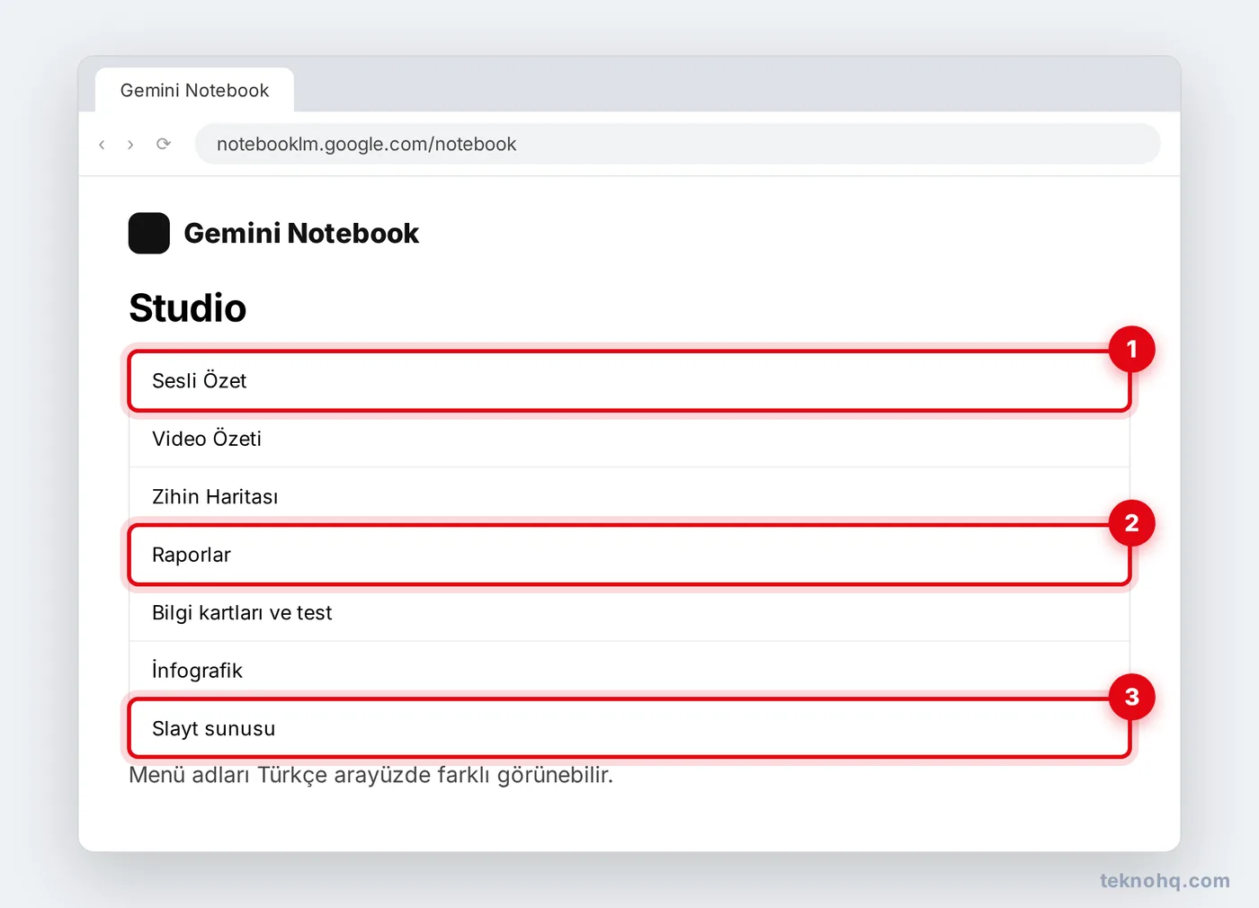 NotebookLM Studio panelindeki Sesli Özet, Raporlar ve Slayt seçenekleri