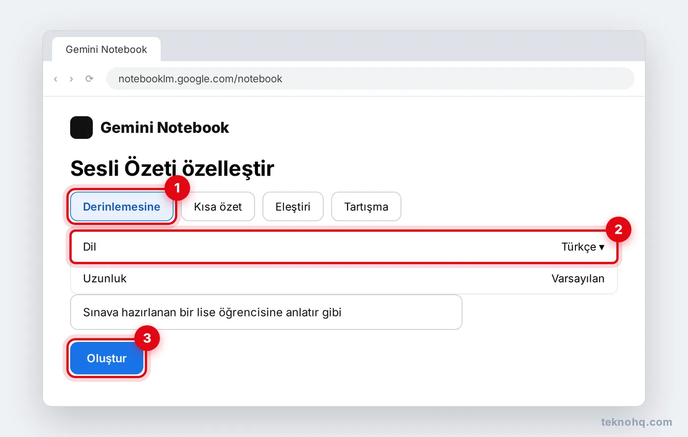 Sesli Özet özelleştirme penceresinde biçim, Türkçe dil ve Oluştur düğmesi