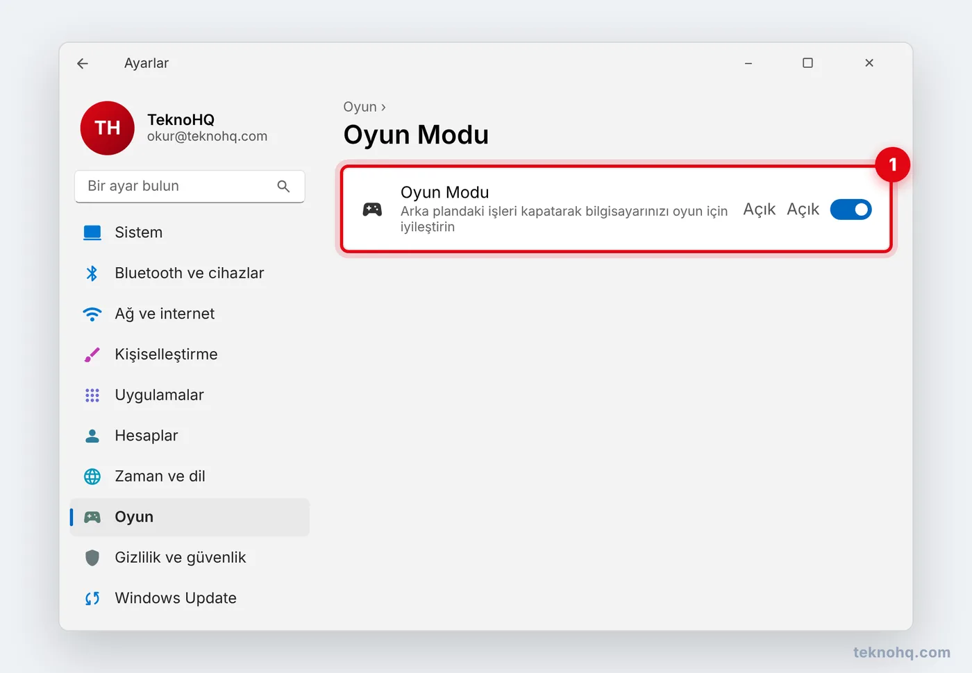 Windows 11'de Ayarlar > Oyun > Oyun Modu