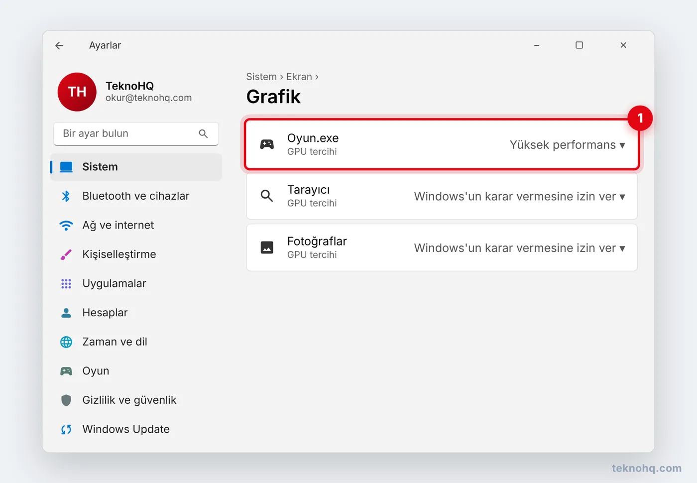 Ayarlar > Sistem > Ekran > Grafik bölümünde Yüksek performans