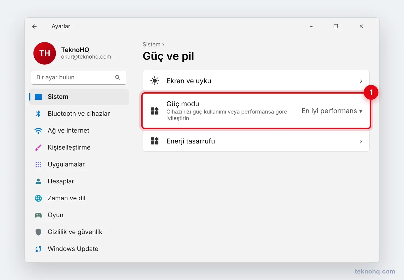 Ayarlar > Sistem > Güç ve pil > Güç modu: En iyi performans