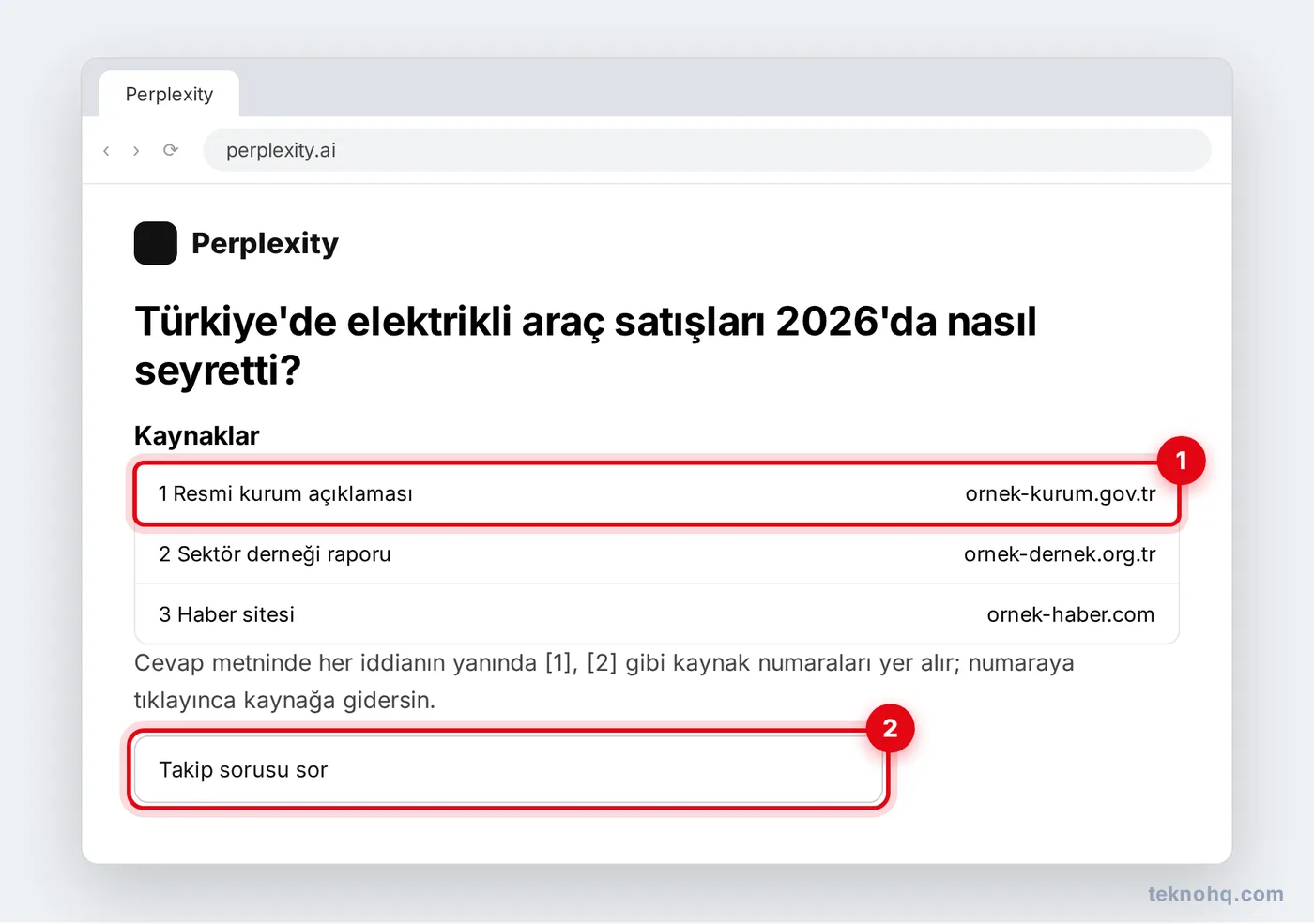 Perplexity cevabında kaynak listesi ve takip sorusu kutusu