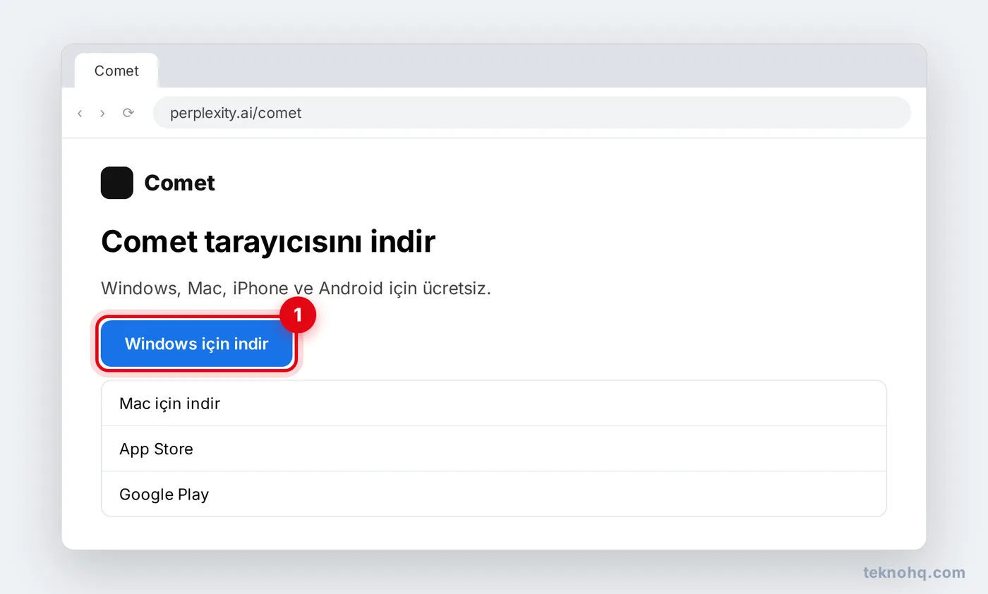 Perplexity Comet indirme sayfasında Windows için indir düğmesi