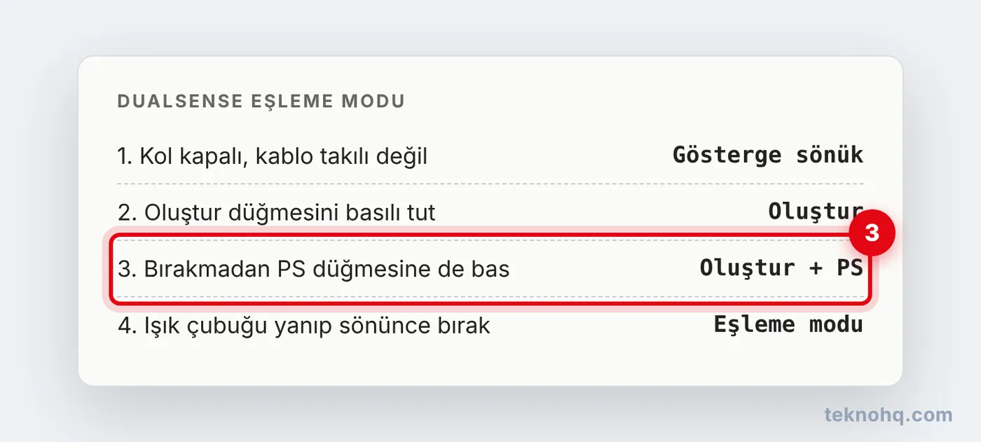 PS5 kolunda Oluştur + PS ile eşleme modu