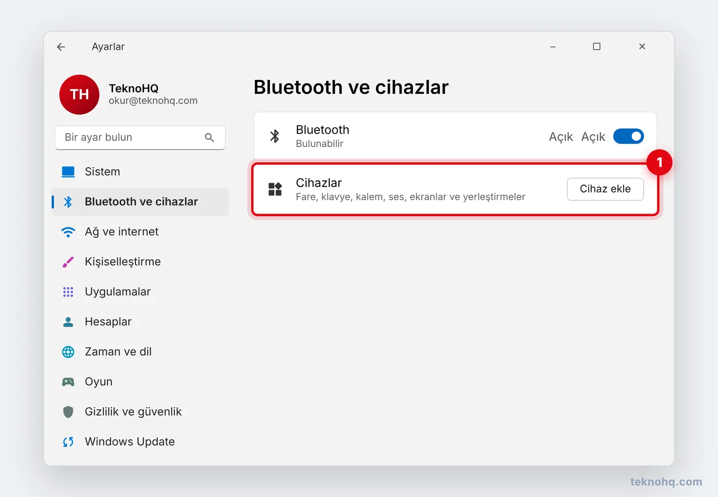 Windows 11'de Ayarlar > Bluetooth ve cihazlar > Cihaz ekle