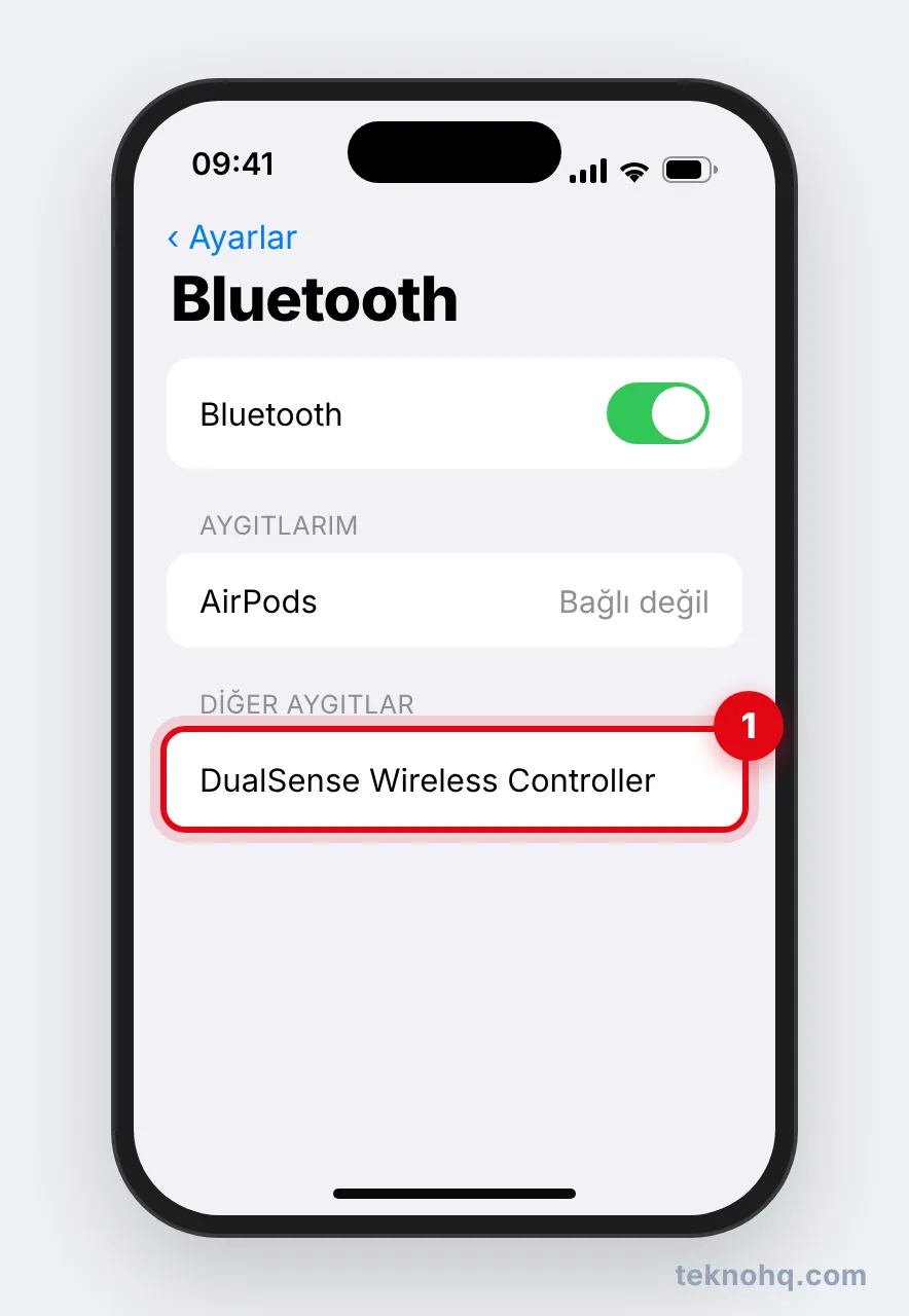 iPhone'da Ayarlar > Bluetooth > DualSense Wireless Controller
