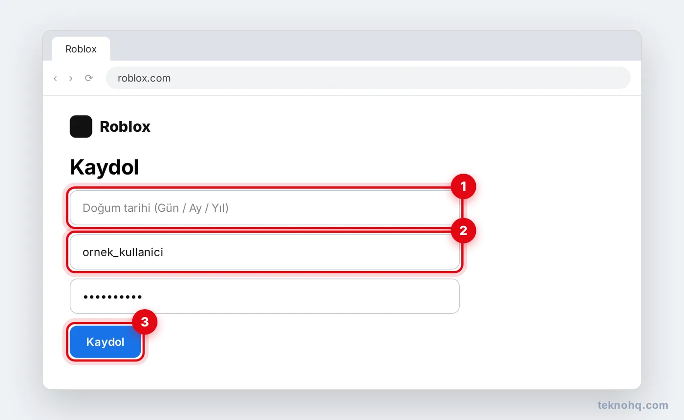 Roblox kayıt ekranı: doğum tarihi, kullanıcı adı, şifre